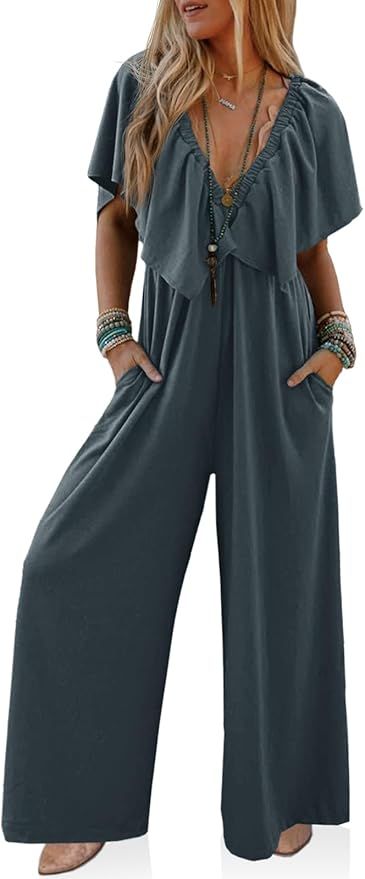 Cicy Bell Women's Casual V Neck Jumpsuit Wide Leg Baggy Backless Ruffle Long Pants with Pockets | Amazon (US)