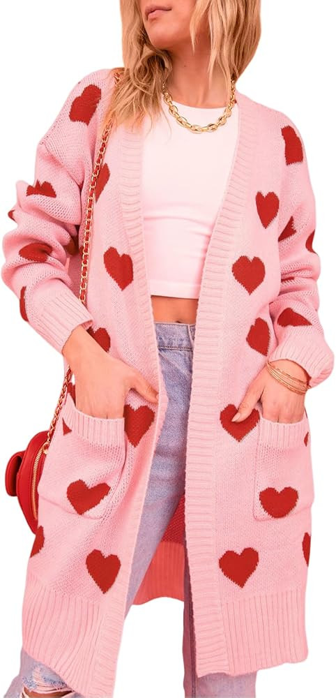 Wyeysyt Women Valentines Day Love Heart Cardigans Sweaters Open Front Long Chunky Casual Knit Poc... | Amazon (US)