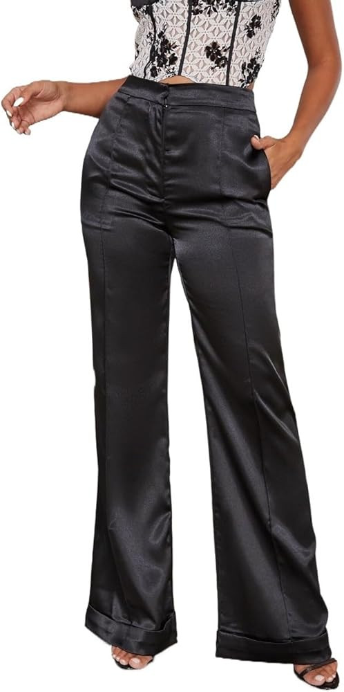 Women's Flare Pants Black Elegant High Waist Slant Pocket Satin Leg Pants Casual Flared Leggings | Amazon (US)