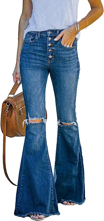 Sidefeel Womens Distressed Button Fly Jeans Raw Hem Bell Bottom Denim Pants | Amazon (US)