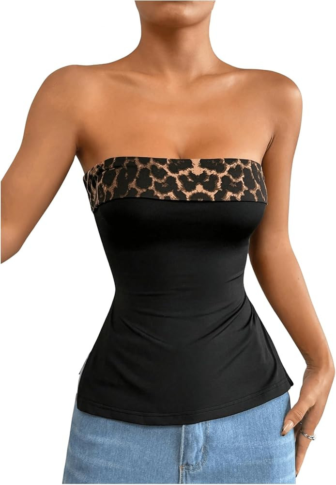 WDIRARA Women's Color Block Split Side Strapless Tube Top Y2k Sleeveless Bandeau Tops | Amazon (US)