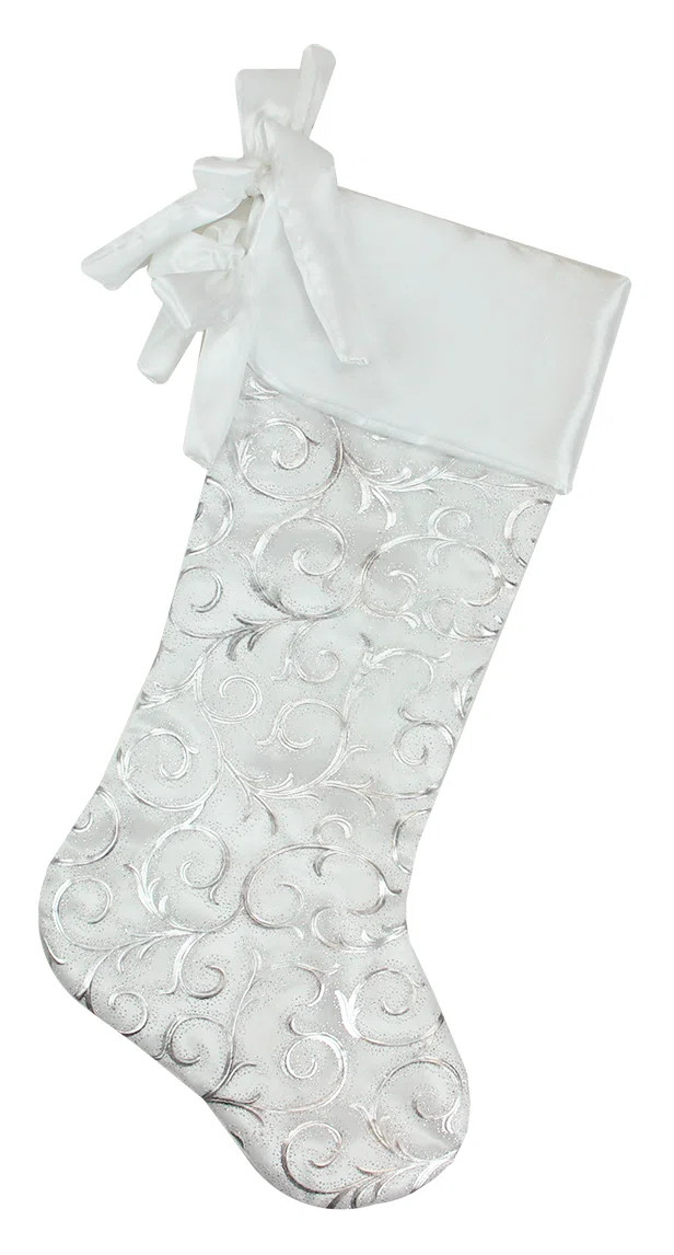 19" White and Silver Filigree Christmas Stocking with Bows | Wayfair North America
