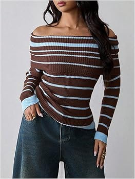 OYOANGLE Women's Striped Off The Shoulder Sweater Long Sleeve Fitted Knit Sweaters Y2K Pullover T... | Amazon (US)