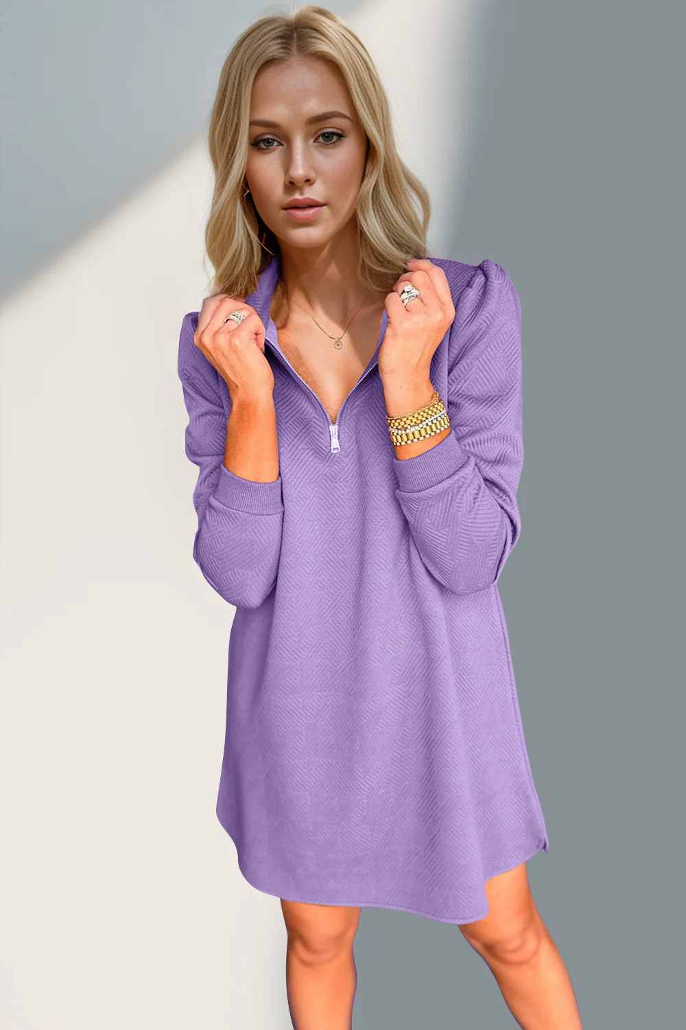 Textured Quarter Zip Long Sleeve Dress Lavender / S | Casual Chic Boutique