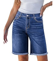 luvamia Jean Bermuda Shorts for Women Trendy Mid Rise Raw Hem Knee Length Stretchy Denim Long Sho... | Amazon (US)