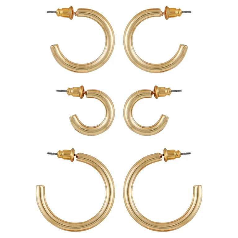 Time and Tru Women's Gold Tone Graduated Hoop Earring Set, 3-Piece | Walmart (US)