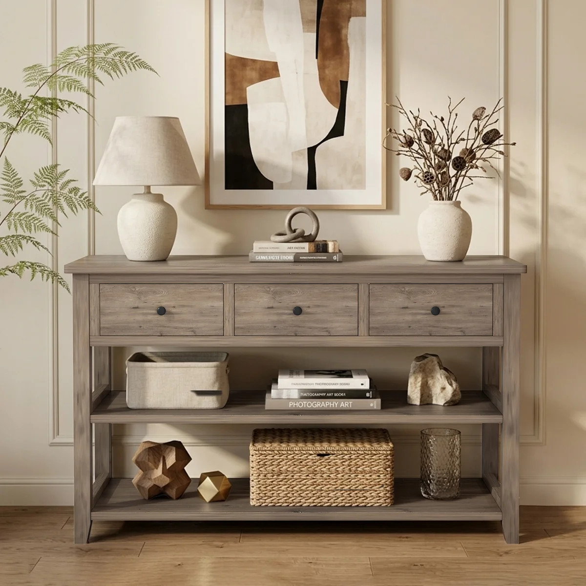 Nibbi 47" Console Table with Wood Frame and Legs, 3 Drawers and 2 Open Shelves Gray | Wayfair North America
