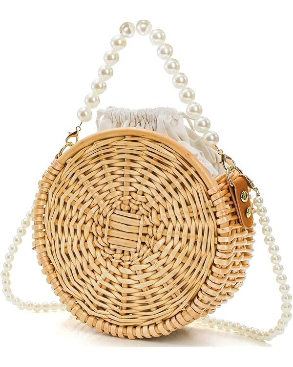Round Rattan Bag, 8" Hand-woven Wicker Basket Purse, Boho Crossbody Handbag With Pearl Strap Hand... | Amazon (US)