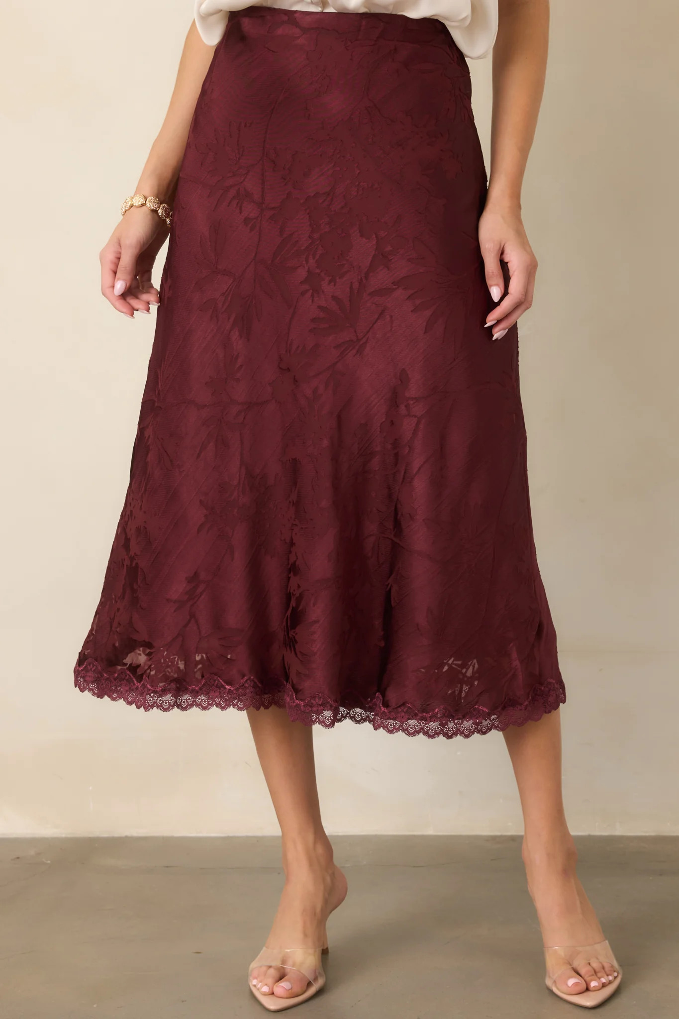 ASTR the Label Windey Mulberry Satin Midi Skirt | Red Dress