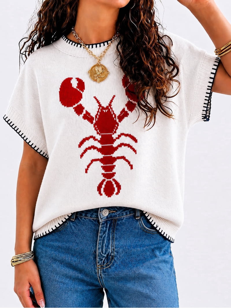 Womens Lobster Sweater Shirt Crochet Tshirts Short Sleeve Crew Neck Causal Knit Summer Tops Red M | Walmart (US)