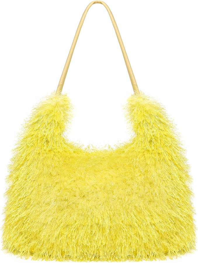 Large Furry Hobo Shoulder Crossbody Bag for Women Faux Fur Fuzzy Plush Purse and Handbag With Lon... | Amazon (US)