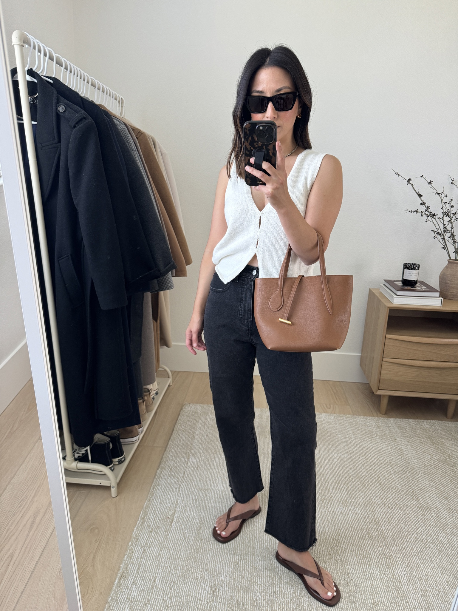 Aritzia knit tank. Absolutely love this piece. Goes with everything and elevates all outfits. I'm in a small

Aritzia knit tank small
Madewell 90's straight jeans. Cut hems. Sized up. 
Everlane sandals 5
Liffner bag
YSL sunglasses
J.Crew earrings
Dorsey James Necklace 15"

#LTKPetite #LTKFindsUnder100 #LTKStyleTip