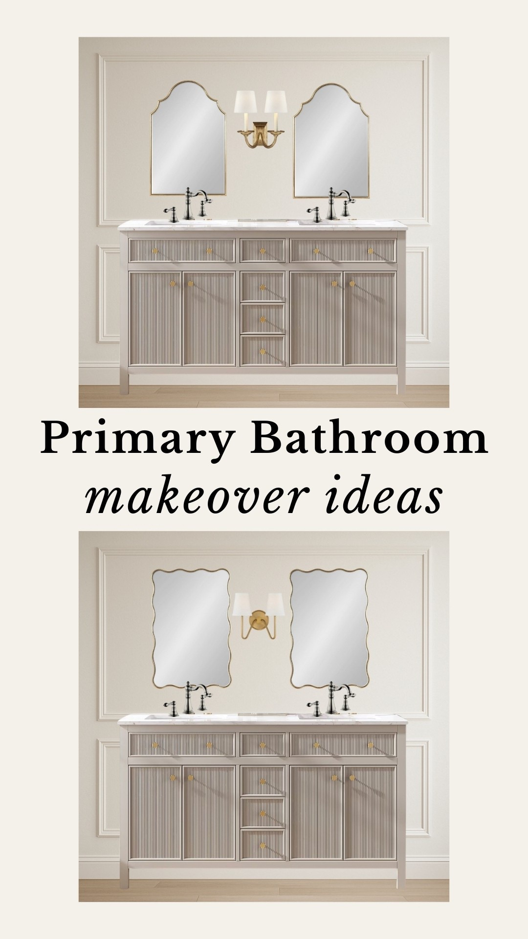 My primary bathroom makeover ideas! 

Double sink bathroom vanity, crowned top accent mirror, scalloped accent mirror, classic light fixture, modern light fixture, polished nickel two handle high arc bathroom faucet

#LTKStyleTip #LTKHome