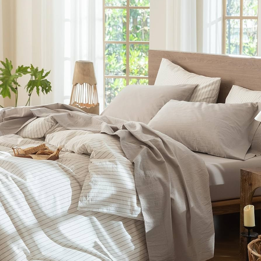 MooMee Bedding Sheet Set 100% Washed Cotton Linen Like Textured Breathable Durable Soft Comfy (He... | Amazon (US)