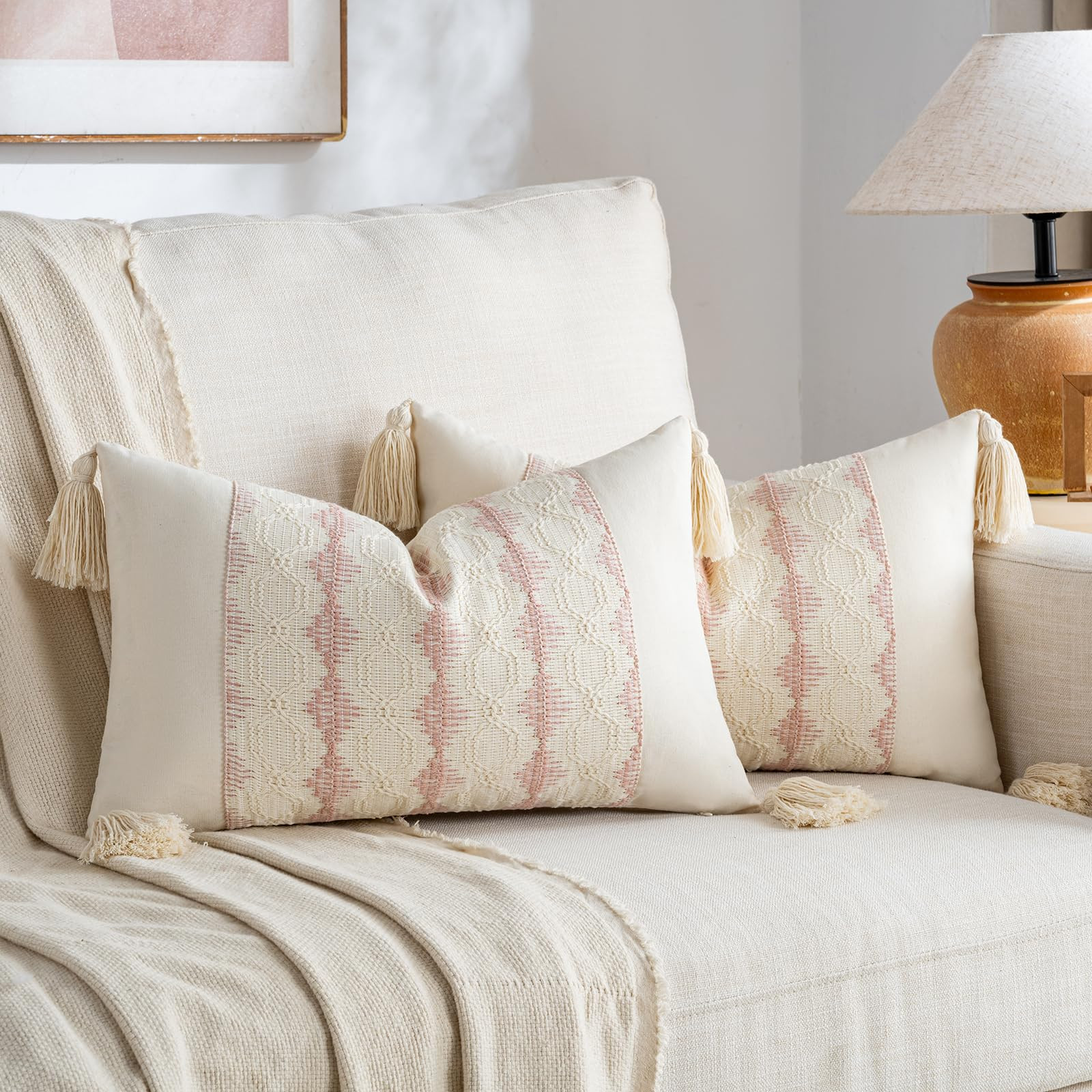 Fancy Homi Set of 2 Boho Pink Lumbar Decorative Throw Pillow Cover 12x20 Inch for Couch Bed Sofa ... | Amazon (US)