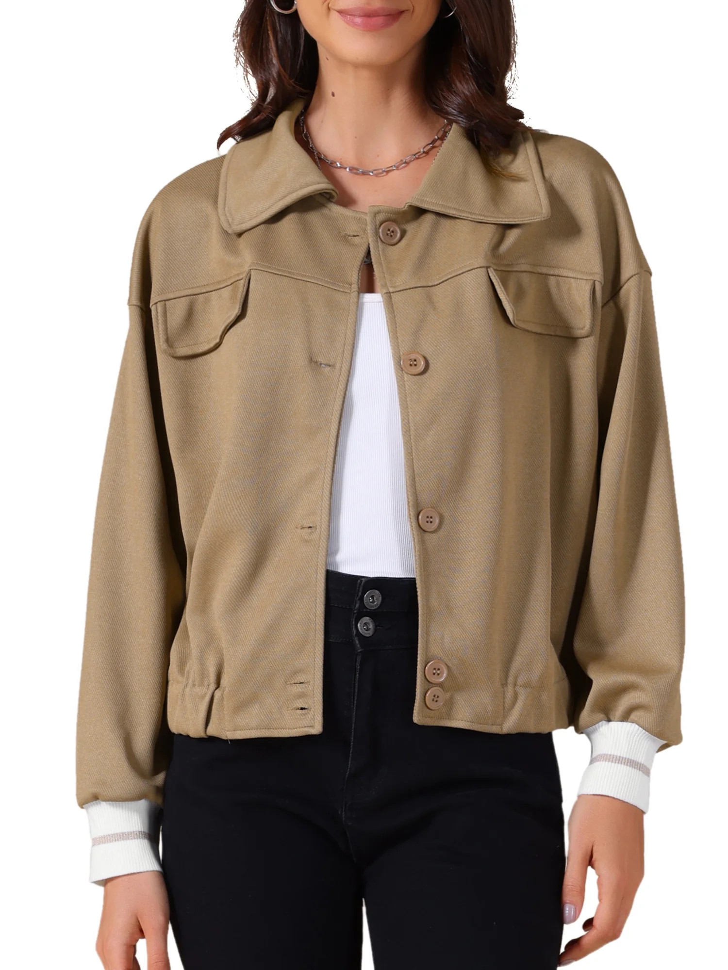 INSPIRE CHIC Womens Cropped Jacket 2025 Fall Casual Button Down Long Sleeve Coat S Khaki | Walmart (US)