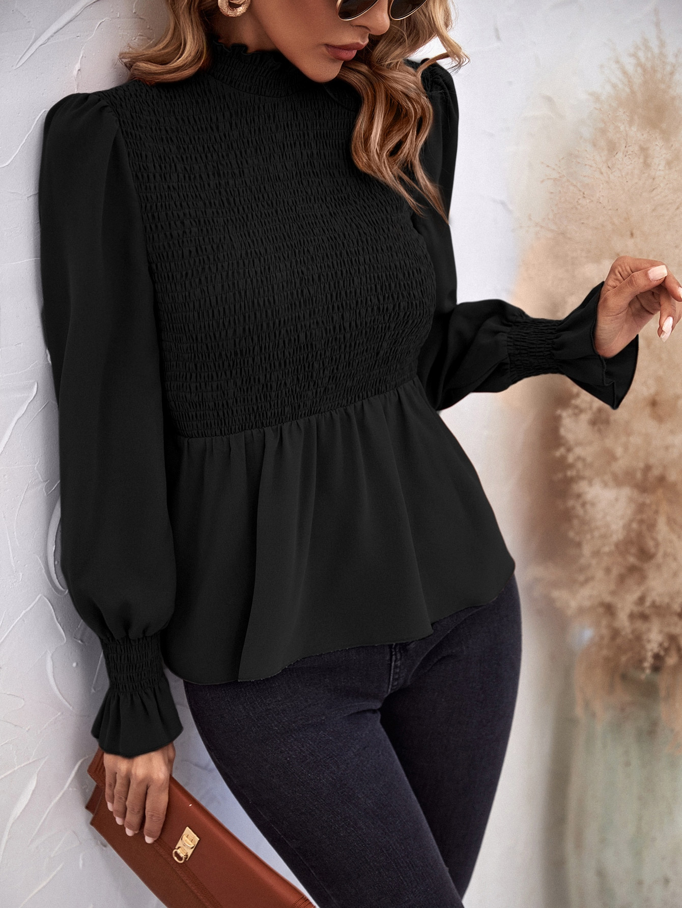 SHEIN LUNE Mock Neck Shirred Flounce Sleeve Peplum Blouse | SHEIN