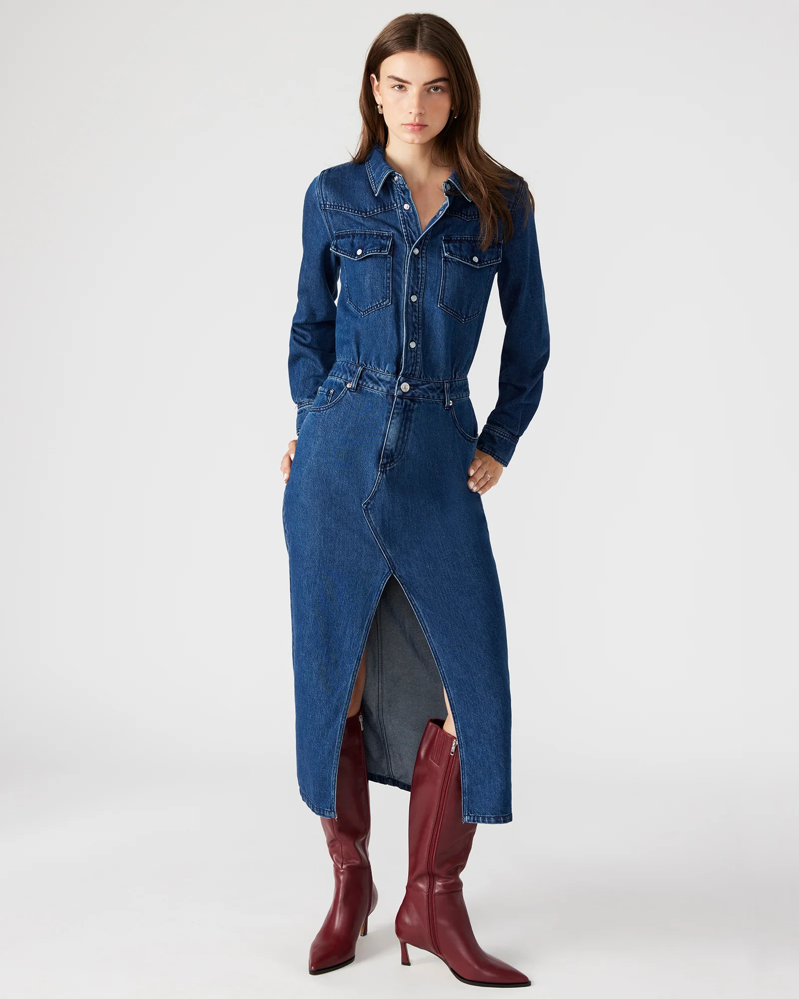 DAKODA Denim Dress | Women's Long-Sleeve Bodice Maxi Dress | Steve Madden (US)