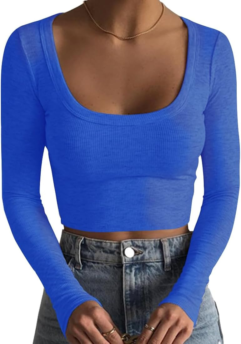 Artfish Women's Square Neck Long Sleeve Ribbed Slim Fitted Casual Basic Crop Top | Amazon (US)