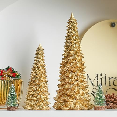 Gold Christmas Tree Figurines, 2Pcs Resin Christmas Tree for Tabletop Decoration, Small Christmas... | Amazon (US)