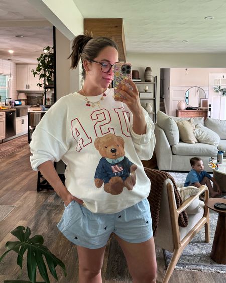 Threw some comfies on for a lowkey b-bbq today 🇺🇸 This sweatshirt is the cutest for summer + the Fourth of July! I sized up to a large 🩵

Walmart shorts, boxer shorts, boxer short trend, target style, target finds, target USA sweatshirt, USA sweater 

#LTKfindsunder50 #LTKSeasonal #LTKbump