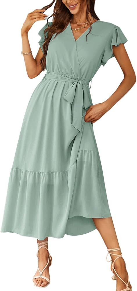 PRETTYGARDEN Women's 2023 Floral Summer Dress Wrap V Neck Short Sleeve Belted Ruffle Hem A-Line B... | Amazon (US)