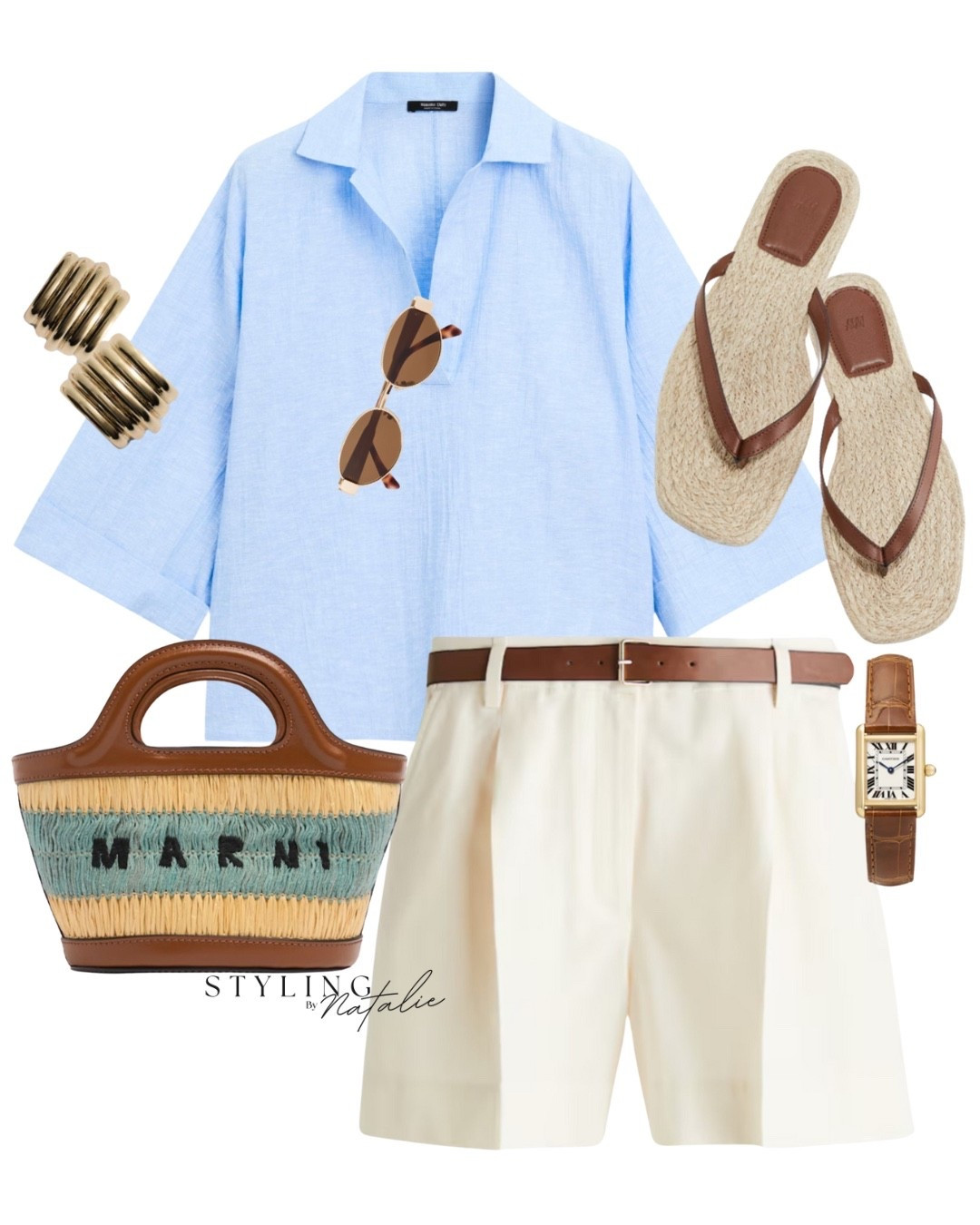 Heatwave casual chic- Tailored shorts with brot, baby blue linen blouse, espadrille slides, Marni tote bag & gold earrings. Classy, chic, summer outfit, smart casual, workwear, brunch, weekend look.

#LTKsummer #LTKuk #LTKworkwear