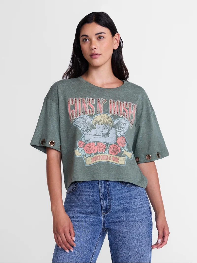 Guns N' Roses Women's Cropped Front Back Graphic Band Tee, Sizes XXS-4X | Walmart (US)