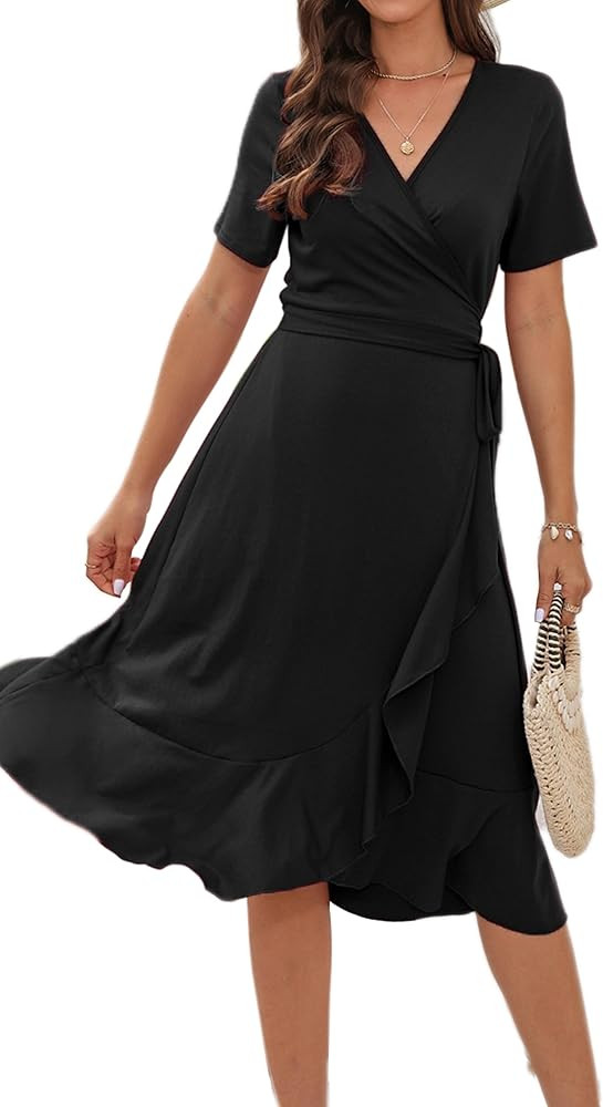 WINDMILL Women V-Neck Wrap Dress Short Sleeve Tie Waist Midi Flowy Beach Summer Dresses | Amazon (US)