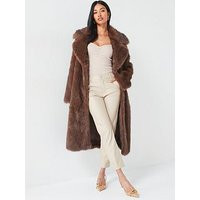 V by Very Longline Faux Fur Belted Coat - Chocolate, Brown, Size 18, Women | Very (UK)