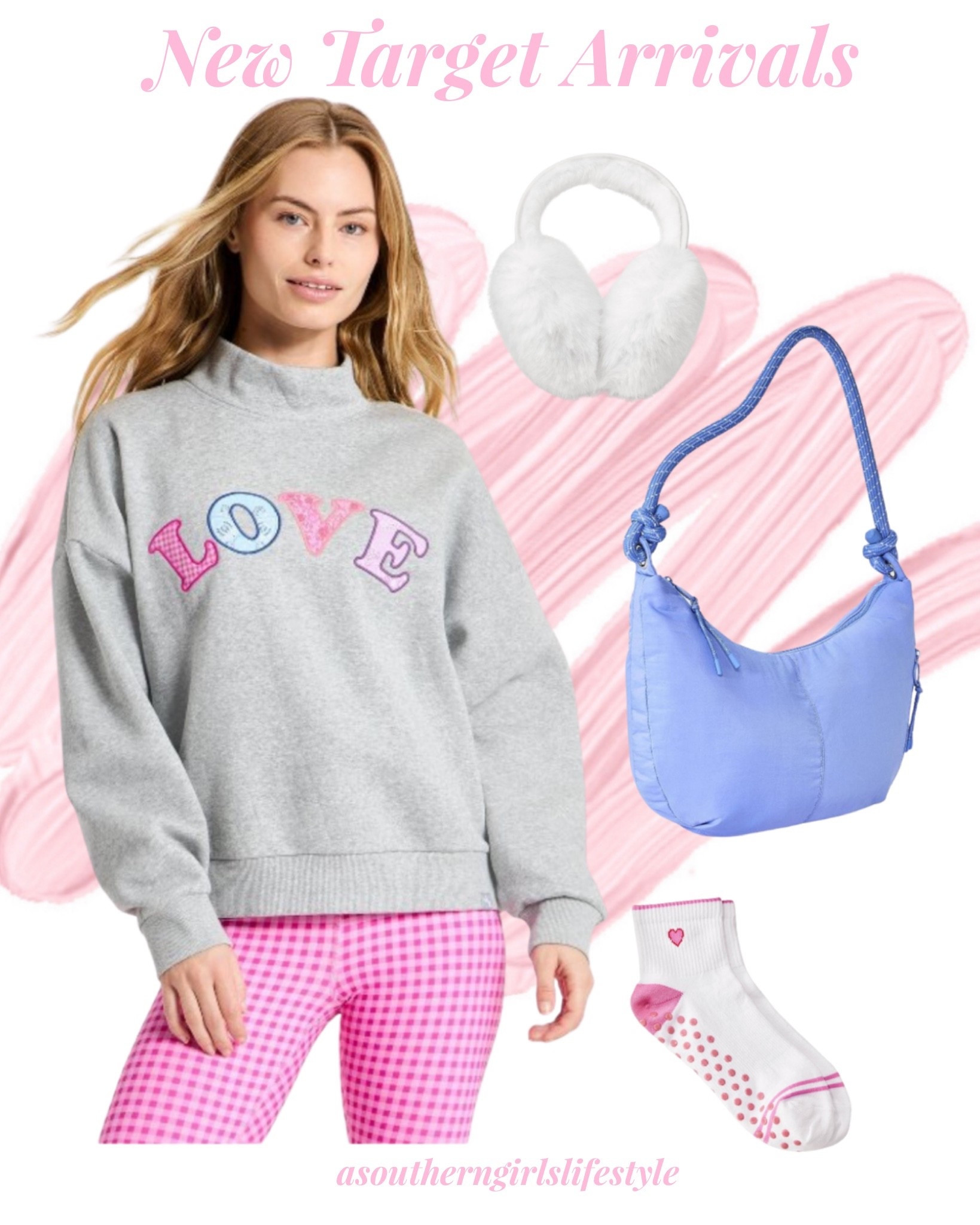 New Target Arrivals - just in time for Christmas gifts! 

Gray Love Mock Neck Sweatshirt, Pink Checked Leggings, White Heart Shaped Faux Fur Earmuffs, Periwinkle Blue Nylon Crossbody Bag & Pink Heart Grip Socks 

Winter Outfit. Athleisure  

#LTKSeasonal #LTKFindsUnder50 #LTKGiftGuide