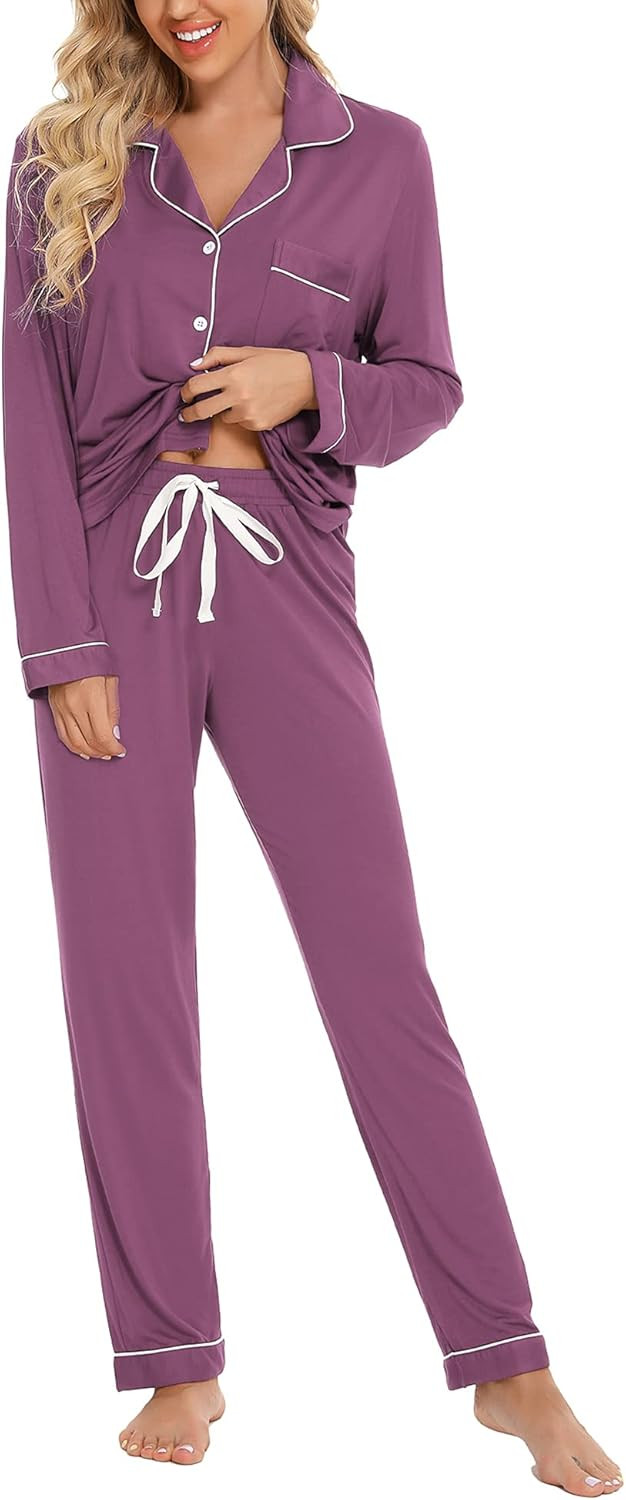 Samring Women's Button Down Pajama Set V-Neck Long Sleeve Sleepwear Soft Pj Sets S-XXL | Amazon (US)