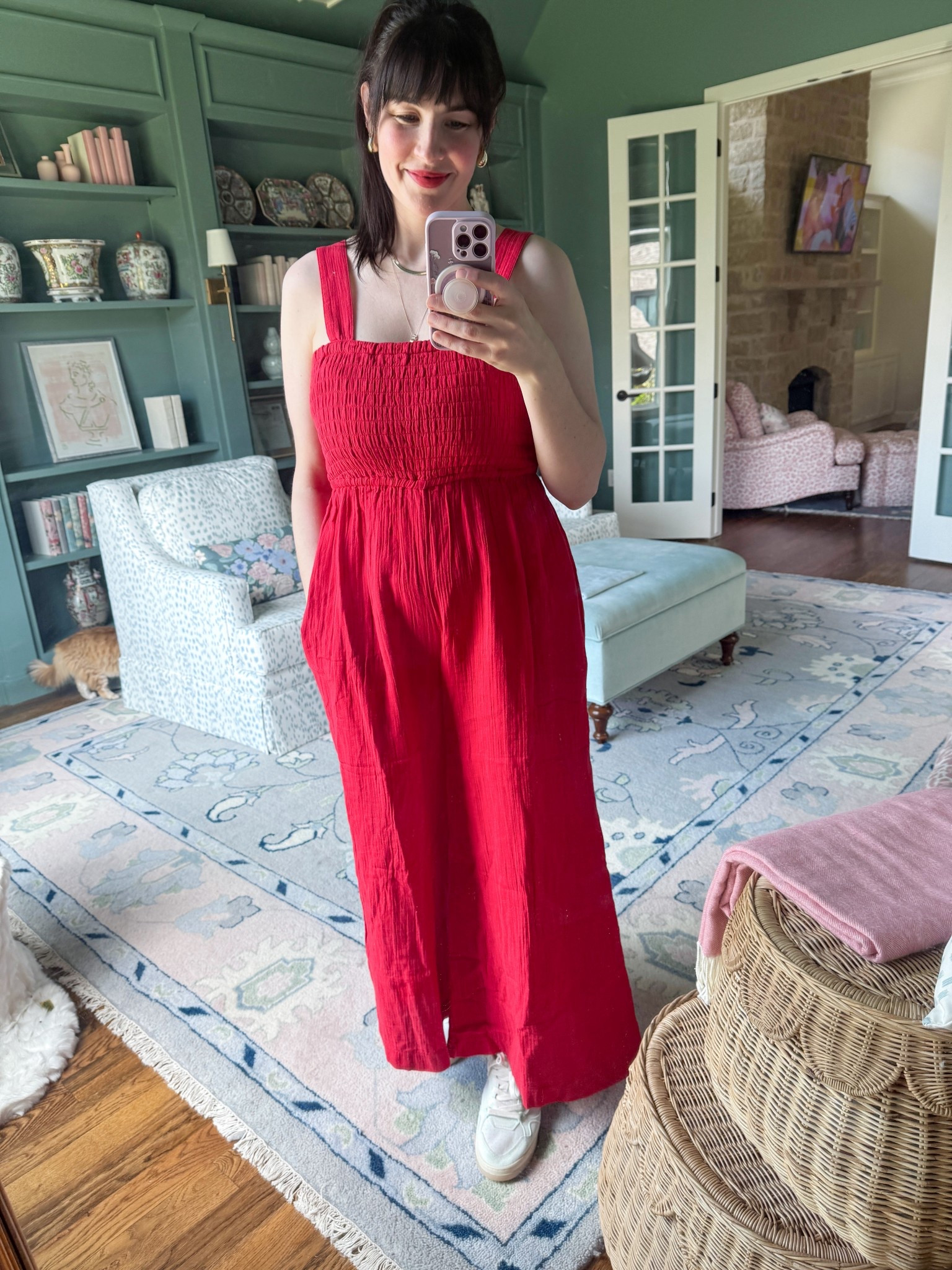 Red gauzy jumpsuit under $50! 

#HOCWinter

#LTKFindsUnder50 #LTKMidsize #LTKOver40