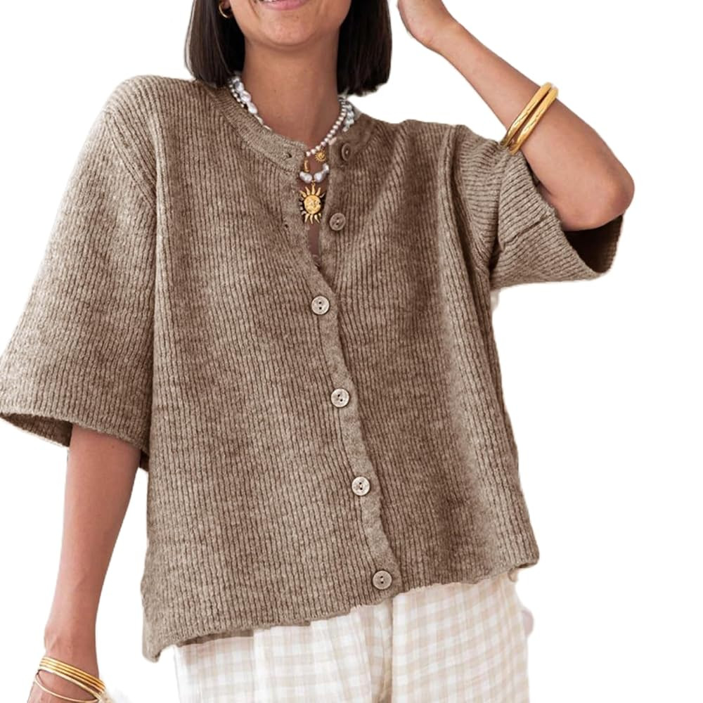 Women Knitted Crop Cardigan Shirt Short Sleeve Button Down Ribbed Knit Crop Top Y2k Girls Outwear... | Amazon (US)