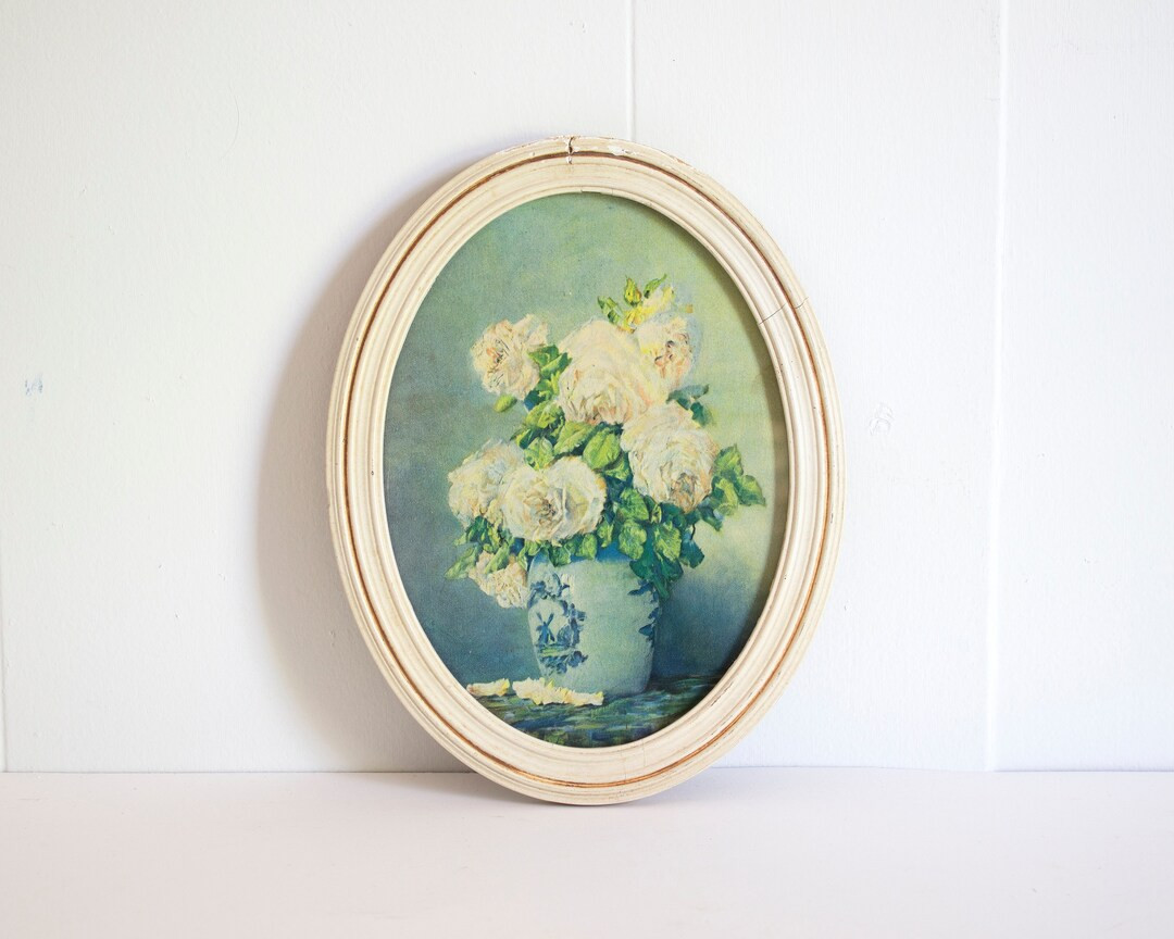 Small Vintage Shabby Chic Cottagecore Framed Oval Floral Art Print | Etsy (US)