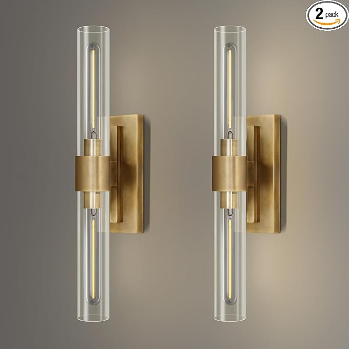 YUYI Brass Wall Sconces Set of Two, 22.8'' Gold Bathroom Sconces Wall Decor with Clear Glass Shad... | Amazon (US)