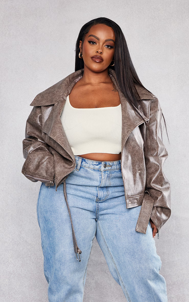 Plus Brown Distressed Faux Leather Relaxed Fit Belted Biker Jacket | PrettyLittleThing UK