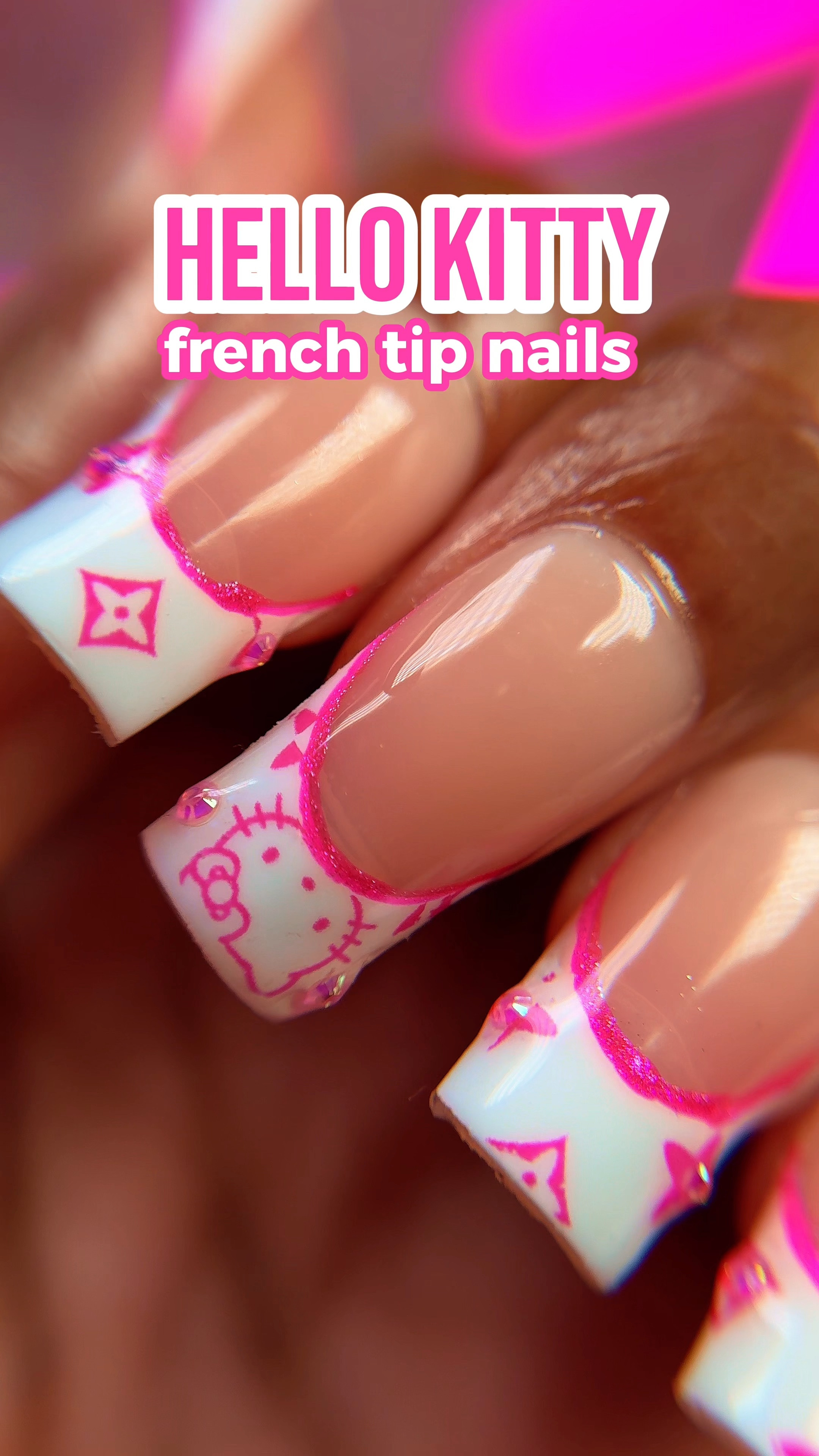 Let’s do these Hello Kitty French tip nails at home! 💖✨ 

I used my favorite long square nude French tip nails by BTArtBox, and used nail foils for this design 💅🏾.

I’ve never tried nail foils before, and when I saw these Hello Kitty nail foils, I had to have them 😍. I ordered mine from Tiger nail supply for the low ($7), but there are available on Amazon as well (tagged). 

I used Beetles nail foil glue to apply the nail foils, and it cured a little bit yellow in areas. It’s not super noticeable because I added other things to the nails.

After applying the nail foils, I added pink rhinestones using rhinestone glue and cured it for 60 seconds under my nail lamp 💡✨.

I then applied one coat of BTArtBox builder gel, and top coat. I cured each coat for 60 seconds under my nail lamp.

To apply these press on nails, I used my favorite drip and clog proof nail glue by beauty secrets, which I get at Sally Beauty 🙌🏾💖. 

#LTKVideo #LTKBeauty #LTKFindsUnder50