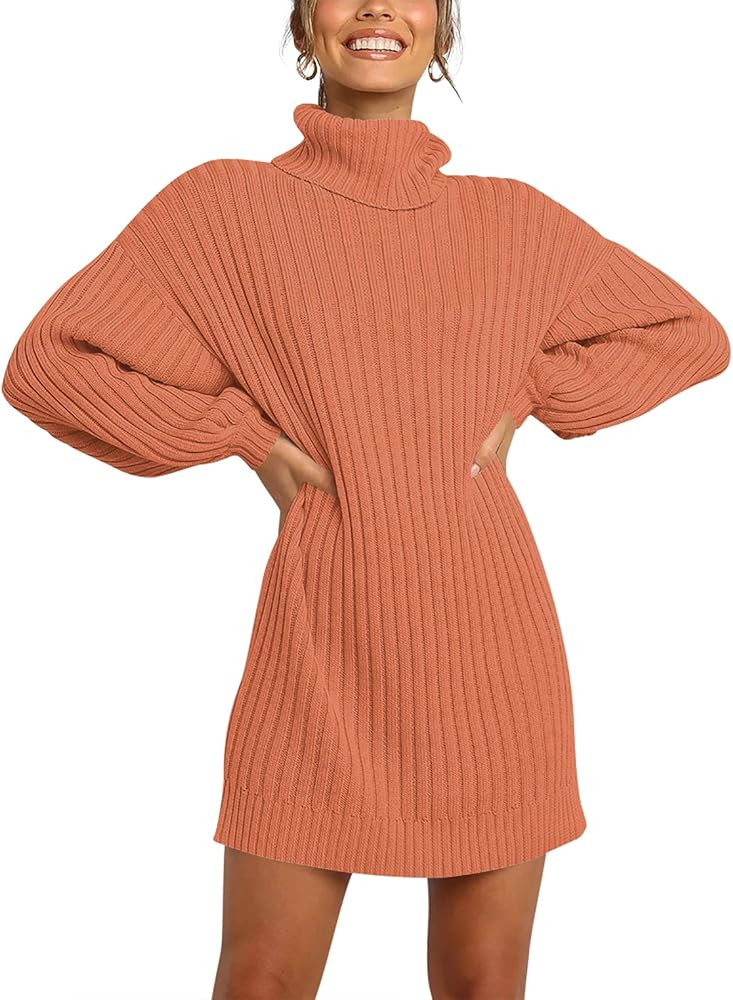 ANRABESS Women Turtleneck Long Lantern Sleeve Casual Loose Oversized Sweater Dress Soft Winter Pullo | Amazon (US)
