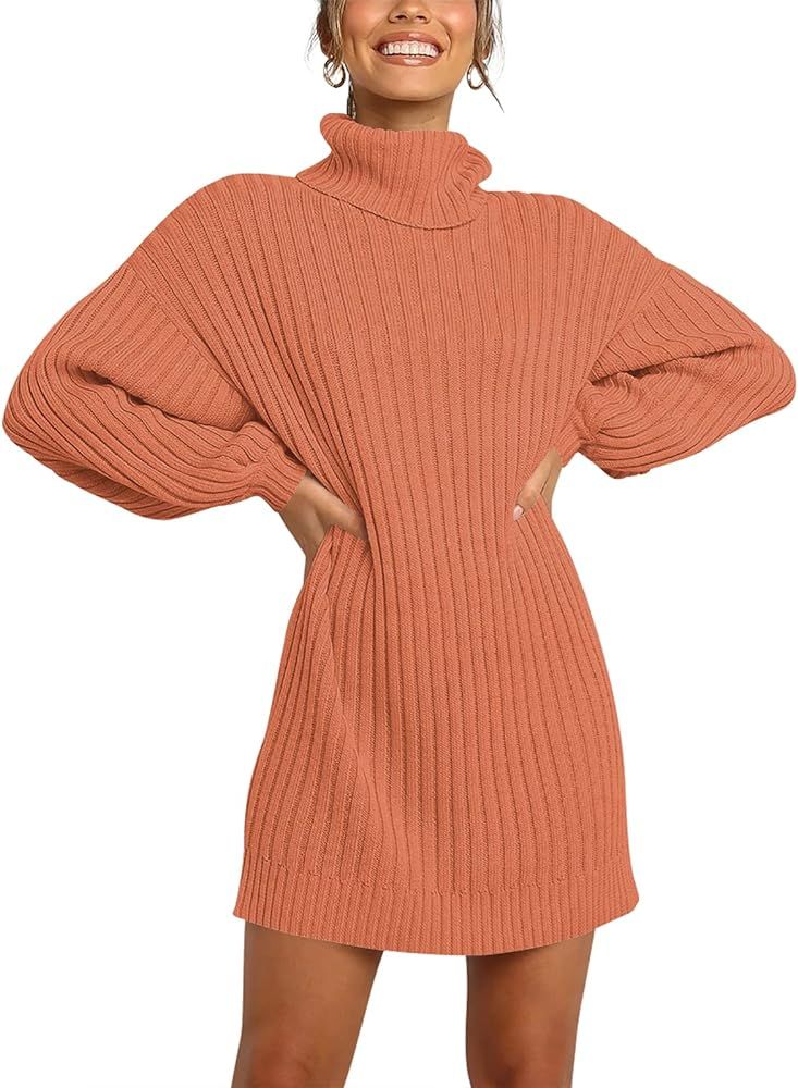 ANRABESS Women Turtleneck Long Lantern Sleeve Casual Loose Oversized Sweater Dress Soft Winter Pullo | Amazon (US)