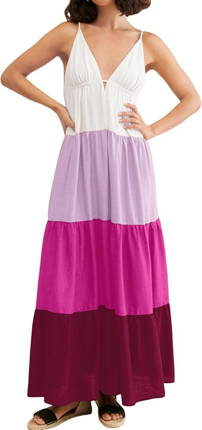 Women’s Patchwork Spaghetti Strap Maxi Dress Summer Backless Colorblock Flowy Dress Tiered Ruff... | Amazon (US)