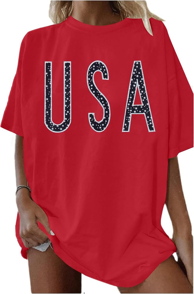 USA Shirts American Flag Shirt: Women Oversized 4th of July Shirts Patriotic Tshirt USA Letter Gr... | Amazon (US)