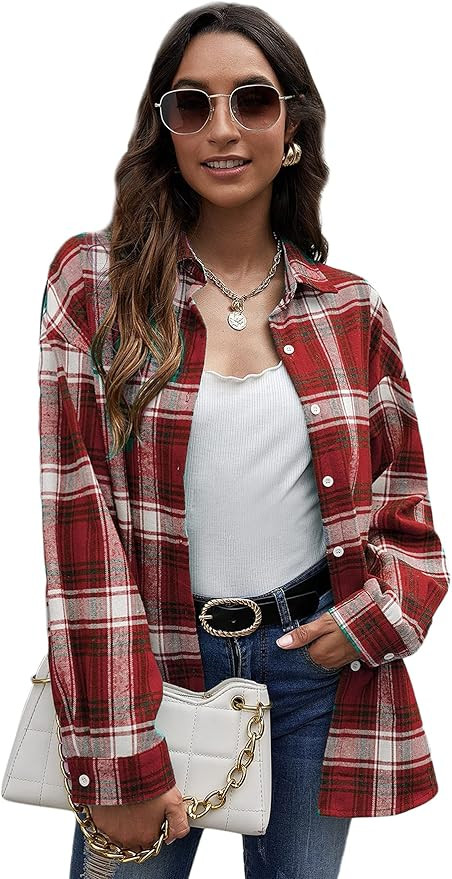 SweatyRocks Women's Long Sleeve Collar Long Button Down Plaid Shirt Blouse Tops | Amazon (US)