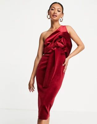 ASOS DESIGN velvet peekaboo shoulder tuck midi pencil dress in berry | ASOS (Global)