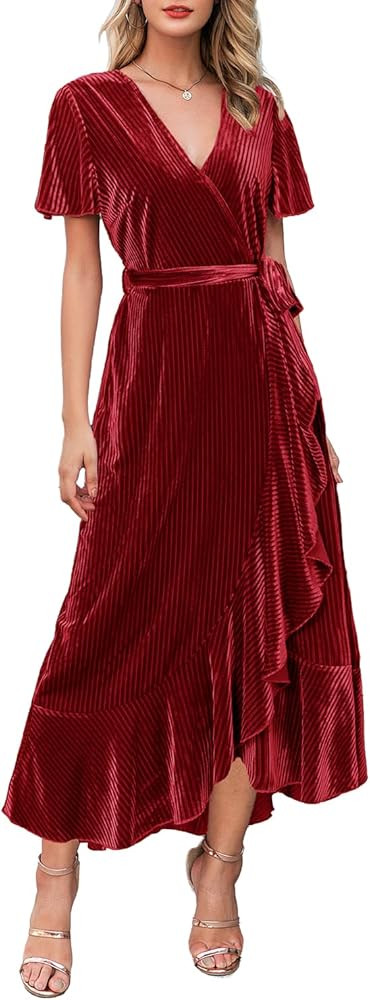 Miessial Women's Summer Chiffon V Neck Ruffle Maxi Dress Polka Dot Long Beach Wrap Dress | Amazon (US)