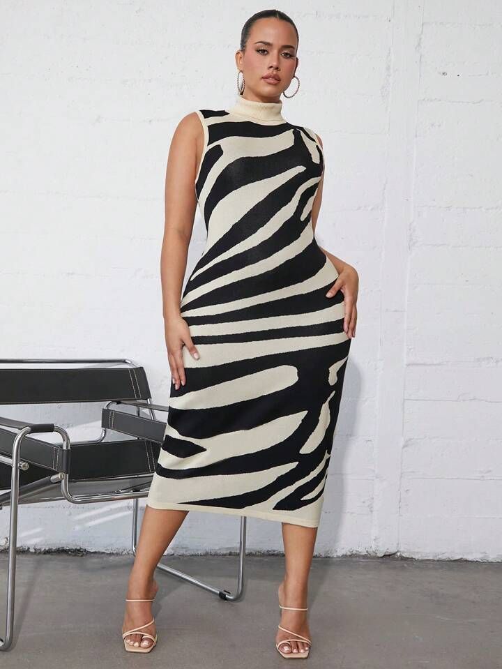 SHEIN SXY Plus Zebra Striped Pattern Mock Neck Sweater Dress | SHEIN