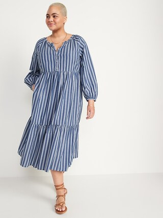 Striped Button-Front All-Day Midi Swing Dress for Women | Old Navy (US)