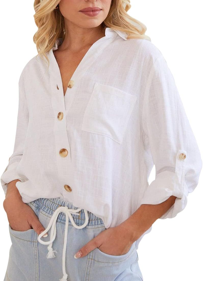 Merryfun Womens Linen Shirts Button Down V Neck Long/Short Sleeve Collared Blouses Casual Work Of... | Amazon (US)