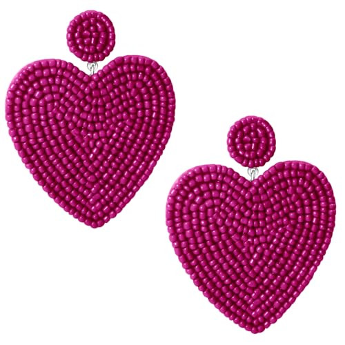 Nanafast Heart Beaded Earrings for Women Handmade Bead Stud Earrings Bohemia Red Hot Pink Love Heart Earrings for Her Valentines Day Mother’s Day-Hot Pink | Amazon (US)