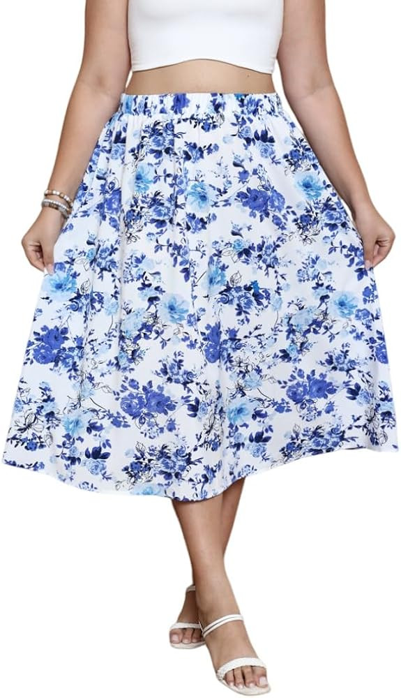 SOLY HUX Women's Plus Size Vintage High Waist A Line Flared Midi Skirt Floral Print Casual Long S... | Amazon (US)